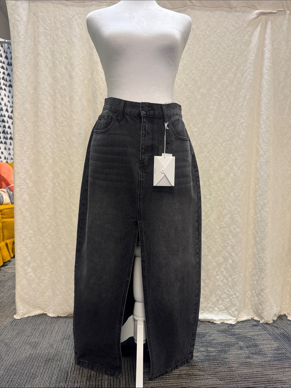 Women’s High-Waist Black Denim Maxi Skirt with Front Slit